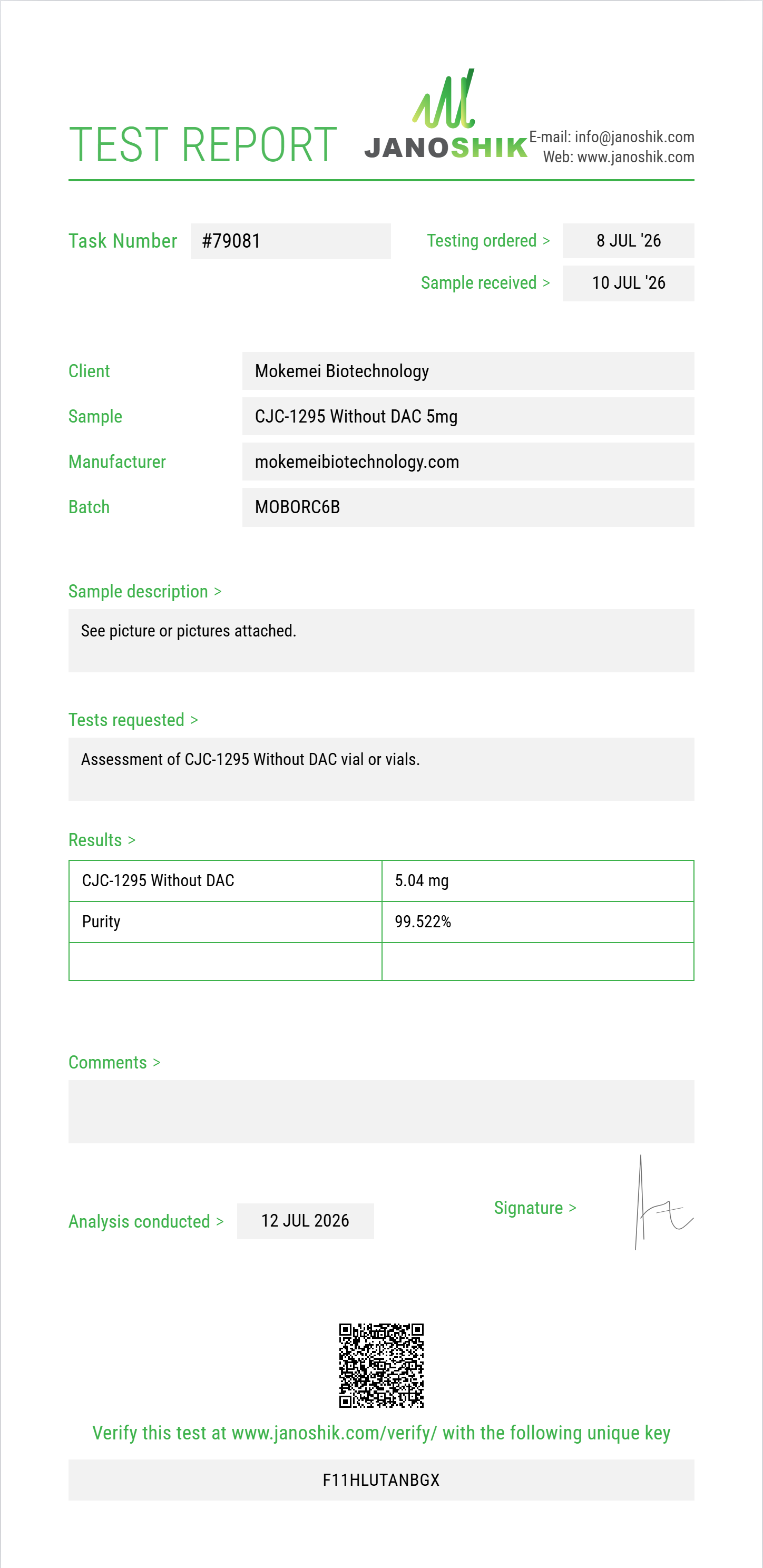 CJC-1295 Without DAC Purity (HPLC) report by Janoshik Analytical