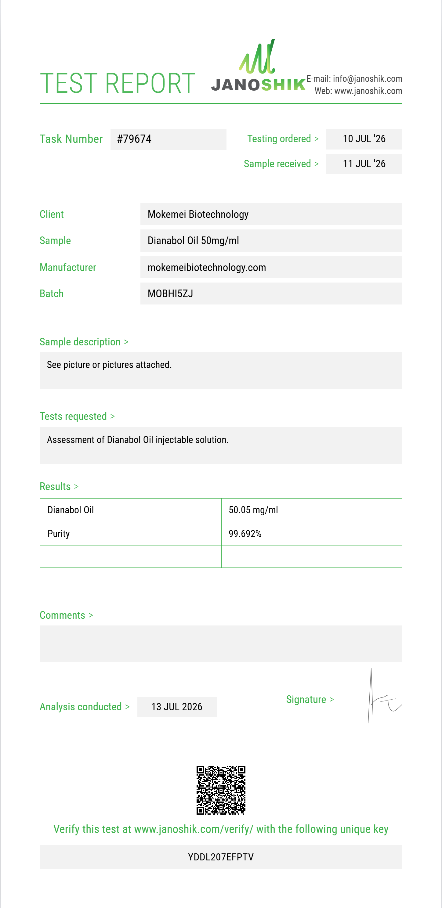 Dianabol Oil Purity (HPLC) report by Janoshik Analytical