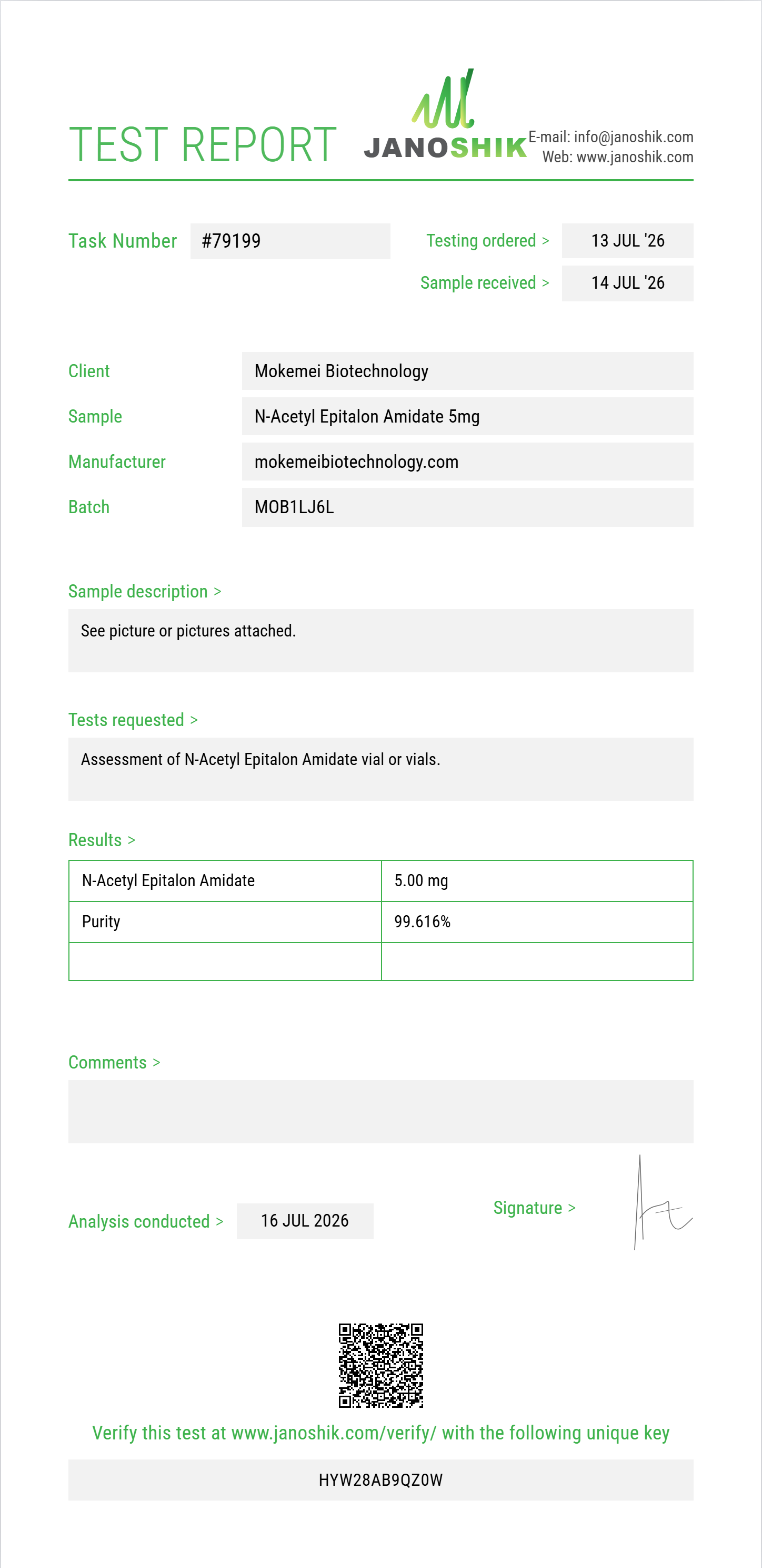 N-Acetyl Epitalon Amidate Purity (HPLC) report by Janoshik Analytical