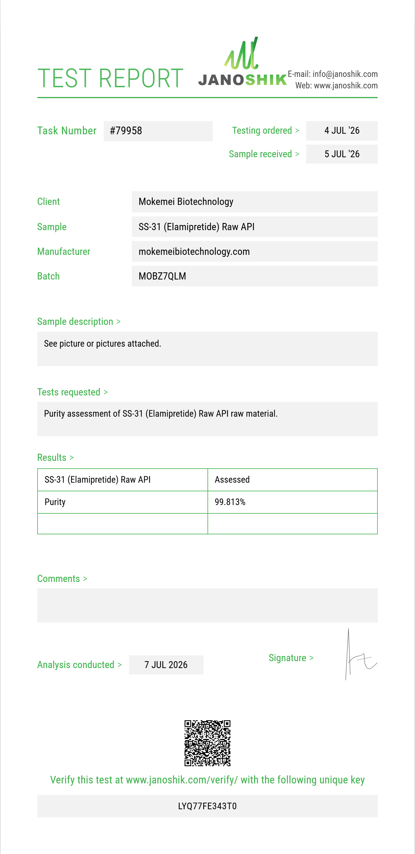SS-31 (Elamipretide) Raw Purity (HPLC) report by Janoshik Analytical